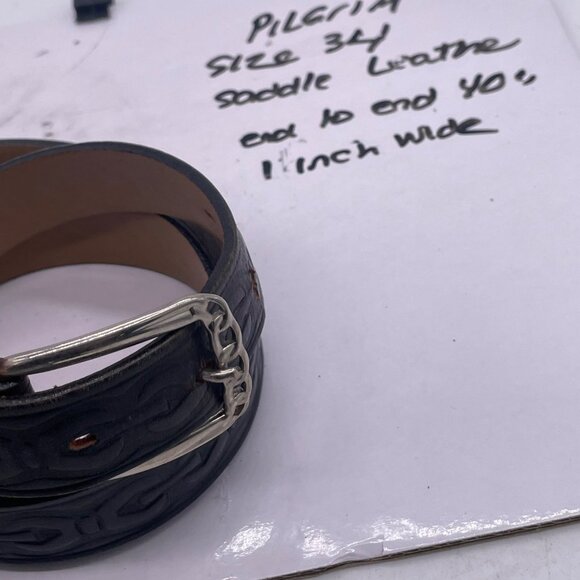 Vintage Pilgrim Saddle Leather Belt Size 34 Embossed Design Silver Buckle 1 Inch - Picture 5 of 5